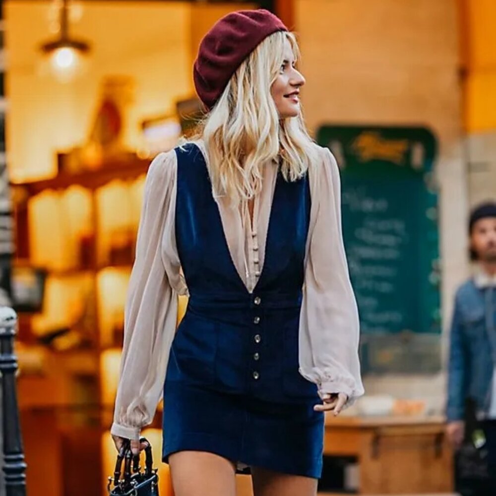 ISO Free People Old School Love Corduroy Cord Jumper Pinafore Dress Blue Size 0